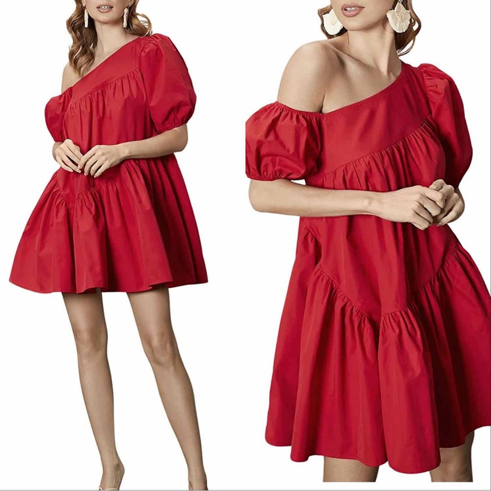 ONE SHOULDER PUFFY SLEEVES FLARE MINI DRESS - RED - Picture 2 of 3